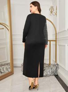 Modelyn فستان سهرة طويل أكمام طويلة بياقة منسقة من القطع الكبيرة للنساء مع بريق - الأسود - مشاهدة 5