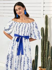 Mulvari Women's Floral Off Shoulder Mini Dress - Blue and White - View 2