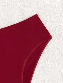 SHEIN Swim 2026春夏新款纯砖红色腰部双层面料度假比基尼泳裤 - 紅色 - 查看 4