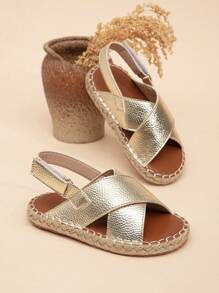 Children's Lightweight Flat Sandals With Jute String Sewing - Gold - View 4