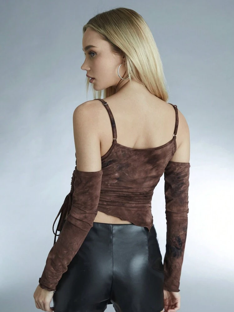 Women's Tie Dye Cold Shoulder Long Sleeve Drawstring Top