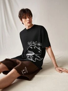 Manfinity RebelGame Conjunto De Camiseta Y Pantalones Cortos De Punto De Ocio Con Estampado De Dinosaurio Para Hombre