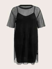 Coolane Women's Plus Size Mesh Hollow Out Dress - Black - View 1