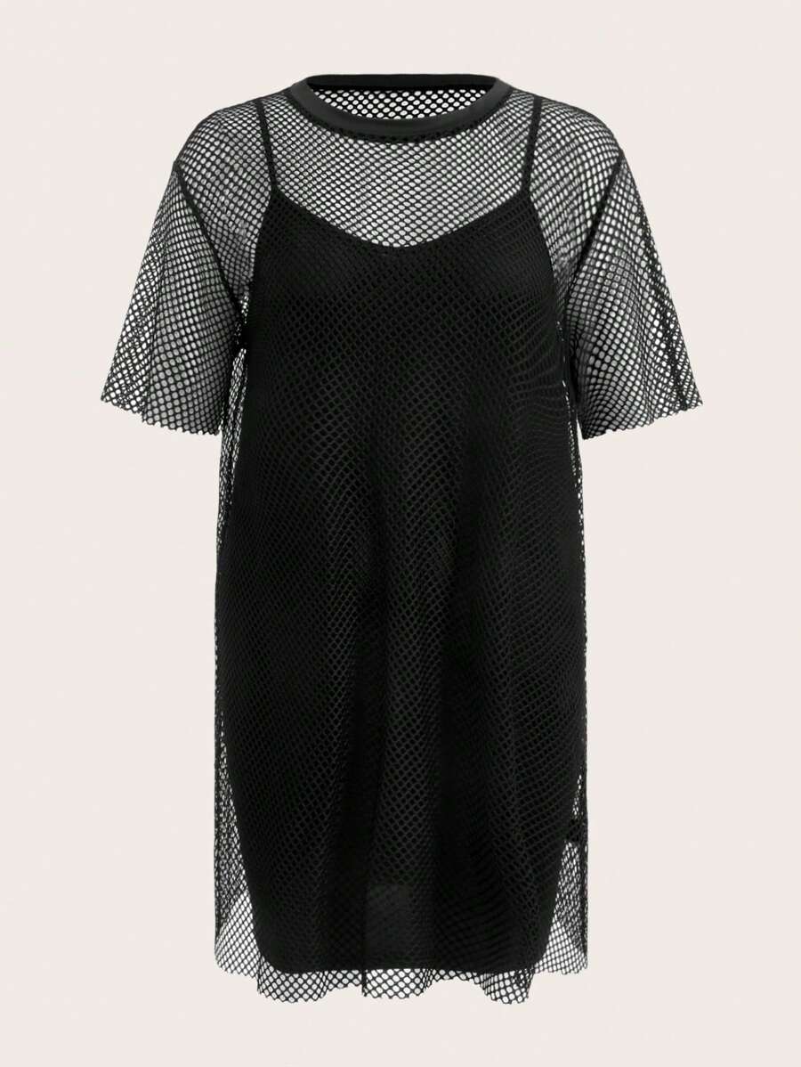 Coolane Women's Plus Size Mesh Hollow Out Dress - Black - View 1