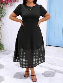 Celure 加大尺寸格紋拼接帝國腰裙 - 黑色 - 查看 3