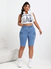 SHEIN EZwear 大尺碼女裝工作短褲,口袋丹寧布短褲 - 中等水洗藍 - 查看 3