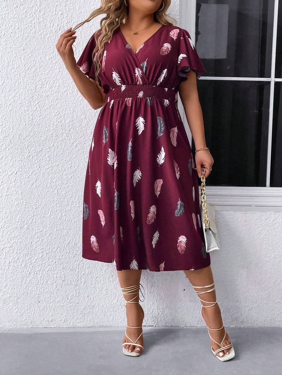SHEIN Clasi Plus Size Women's Feather Print Short Sleeve Dress For Summer - Burgundy - View 1