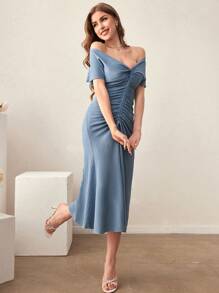 Modelyn Off-Shoulder Short Sleeve Drawstring Women's Dress - Blue - View 5