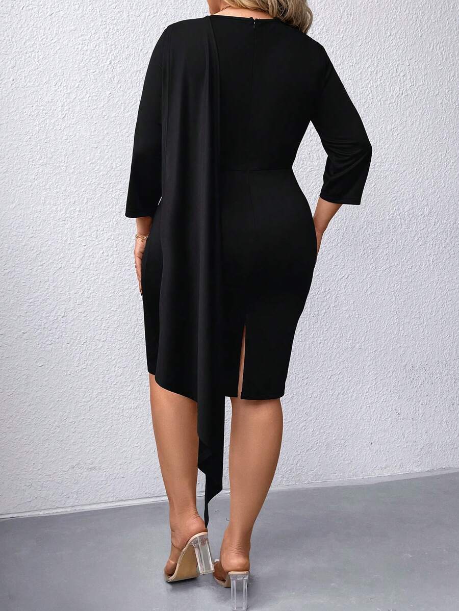 SHEIN Clasi Plus Size Solid Color Draped Detail Dress - Black - View 1