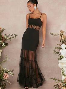 L'Amorae Vestito a camicia con pannello in rete a pois e balze sull'orlo - nero - Visualizzare 1