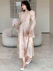 DAZY 墨迹晕染图案收腰羊腿袖中长连衣裙、荷叶边、秋季连衣裙长袖连衣裙 - 淺粉色 - 查看 3