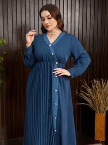 Modelyn Plus Size Women's Stylish Pleated Long Dress Long Evening Dresses - Blue - View 6