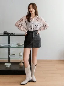 DAZY 女式宽松印花基本款透明衬衫，秋季女装长袖上衣 - 米色 - 查看 2