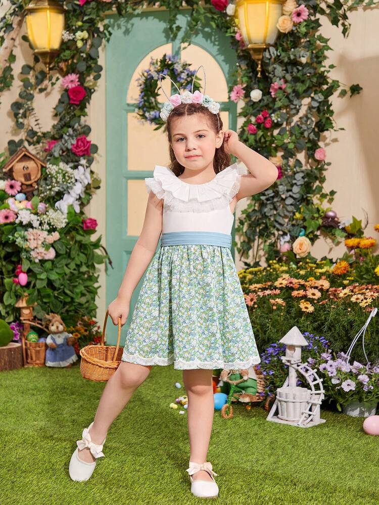 Young Girl's Patchwork Floral Printed Ruffle Trim Decor Dress With Detachable Belt