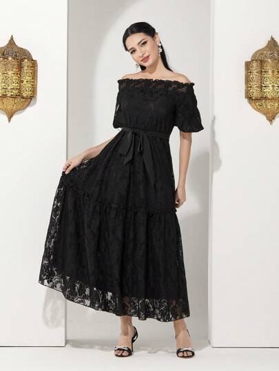 Modelyn Ladies' Solid Color Lace Off Shoulder Dress Long Evening Dresses