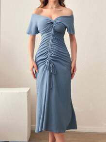 Modelyn Off-Shoulder Short Sleeve Drawstring Women's Dress - Blue - View 4