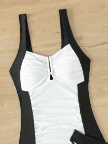 SHEIN Swim Tankini plissé blocs de couleurs d'été - Noir et Blanc - Voir 5