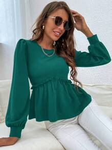 Blusa peplum de manga farol ribete fruncido