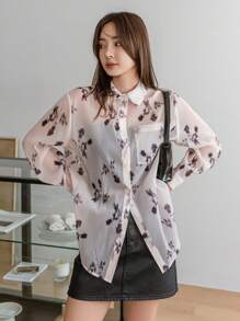 DAZY 女式宽松印花基本款透明衬衫，秋季女装长袖上衣 - 米色 - 查看 1