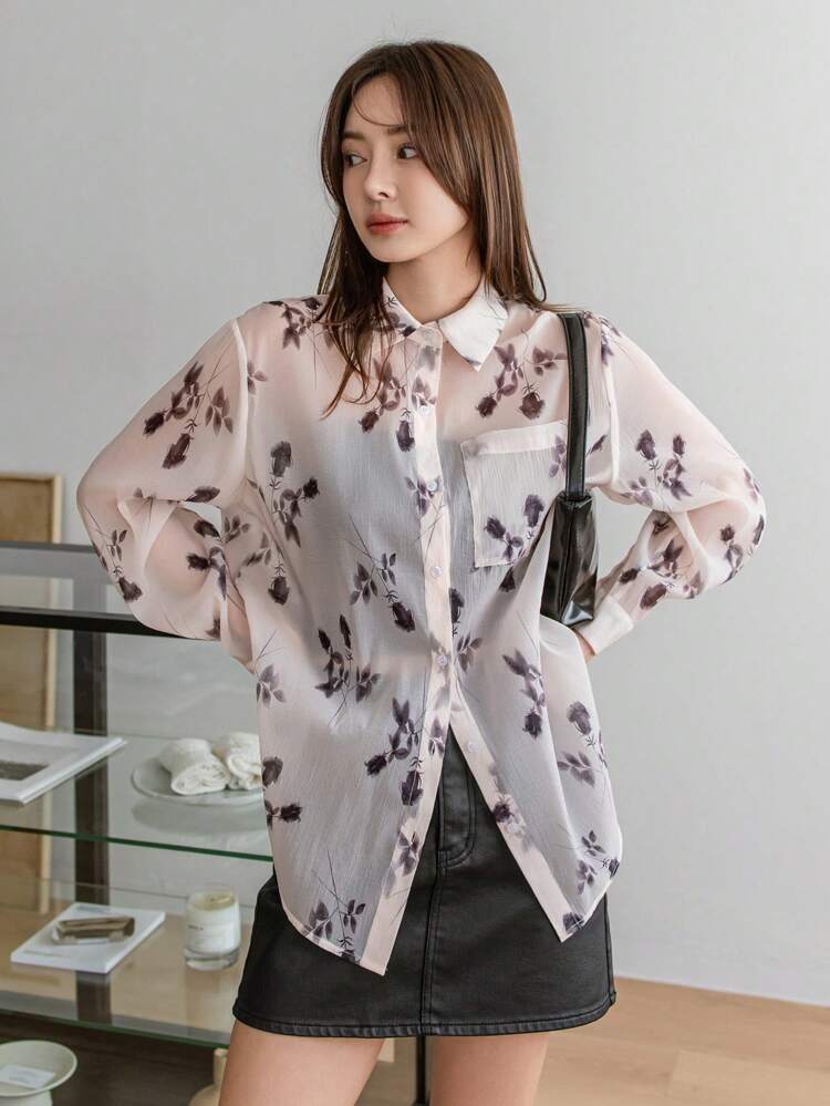 Women's Loose Fit Printed Basic Shirt Sheer,Fall Women Clothes Long Sleeve Top