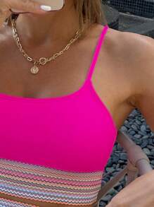 SHEIN Swim Summer Beach Colorblock Bikini Set Contrast Trim Cami Top & High Waist Bikini 2-Piece Bikini Set - Hot Pink - View 4