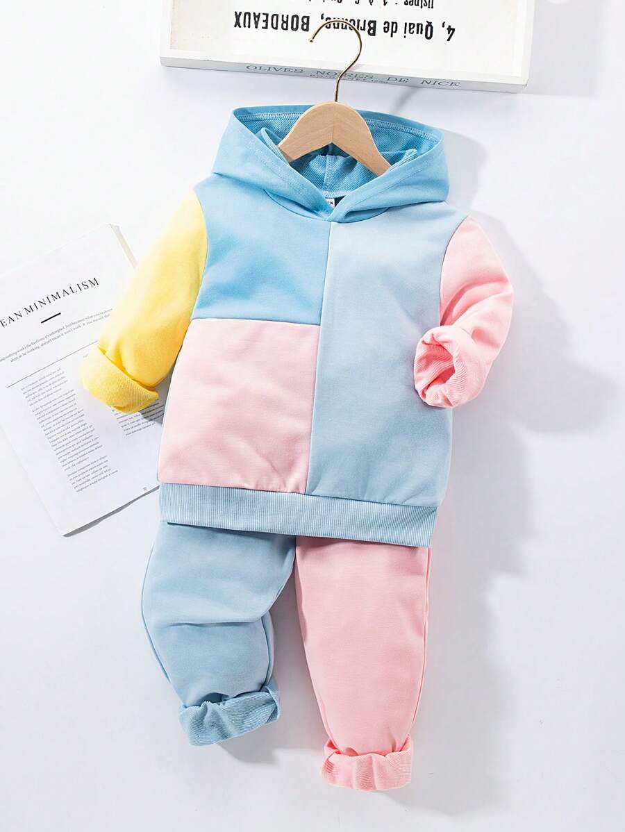2pcs/Set Young Boy Casual Hoodie With Color Block & Elastic Cuff Sweatpants, Thermal Lined , Thickened - Multicolor - View 1