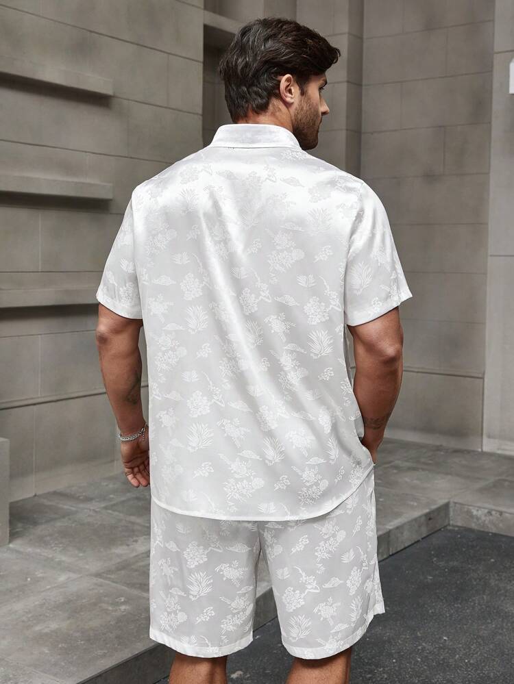Men's Plus Size Jacquard Shirt And Shorts Set