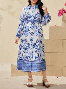 Seusyu Kích thước lớn Của phụ nữ In hoa Tay áo dài Áo sơ mi Đối với Tiếng  Ả Rập Quần áo - Xanh và trắng - Xem 6