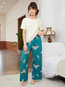 SHEIN Áo thun trễ vai trơn có họa tiết lá & hoa dành cho thiếu nữ tuổi teen Bộ đồ ngủ quần dài in họa tiết - Nhiều màu - Xem 5