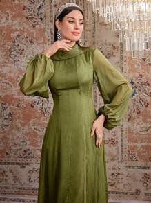 Modelyn Solid Color Round Neck Lantern Sleeve Cinching Waist Dress - Green - View 8