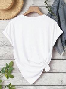 SHEIN Plus Size Solid Color Round Neck Short Sleeve T-Shirt - White - View 2