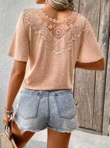 SHEIN Frenchy Lace Back Short Sleeve T-Shirt For Women - Khaki - View 4