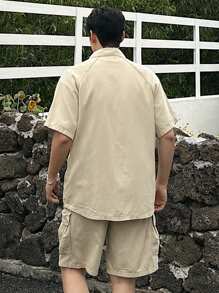 DAZY Men's Solid Color Work Shirt And Shorts Set - Apricot - View 2