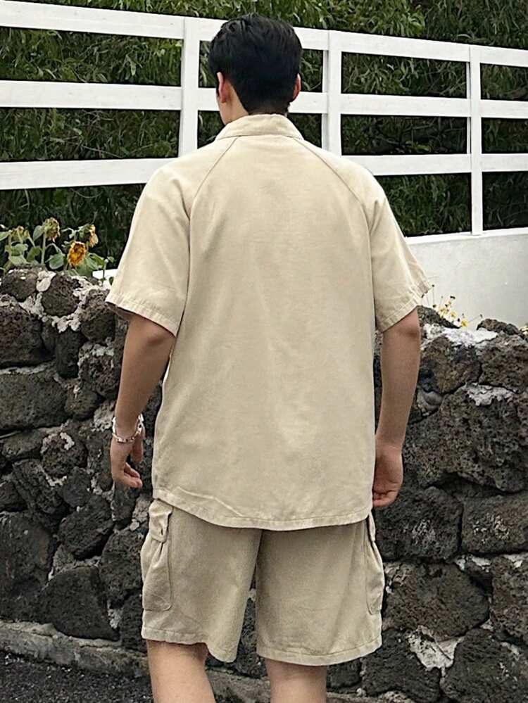 Men's Solid Color Work Shirt And Shorts Set