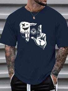 Men's Gesture & Eye Graphic Print Short Sleeve T-Shirt, For Halloween - Blue - View 1