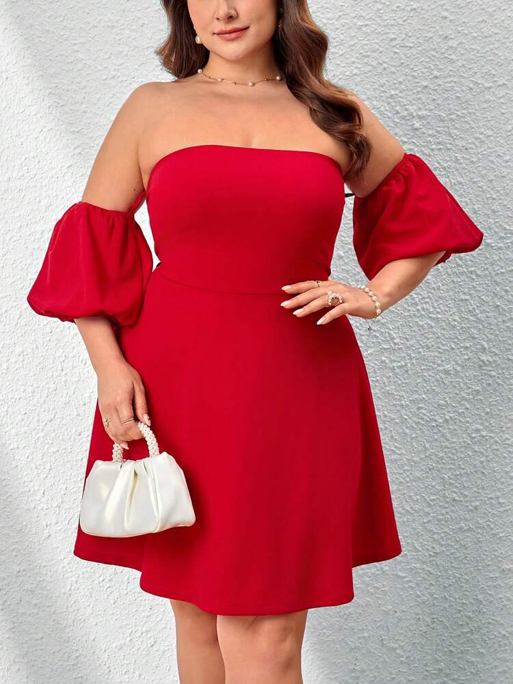 Elegant And Romantic Wedding Season Red Pleated A-Line Dress With Puff Sleeves, Back Tie Design And Maxi Size