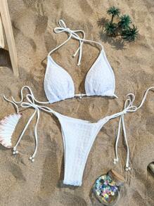 SHEIN Swim Solid Color Texture Design Two-Piece Bikini Set,Summer Beach - White - View 6