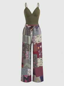 ROMWE Hippie Solid Cami Top & Patchwork Print Drawstring Waist Pants - Multicolor - View 1