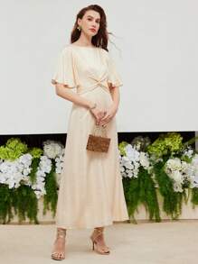 MOTF PREMIUM SILK SNAKESKIN JACQUARD FLARE SLEEVE TWIST FRONT DRESS - Apricot - View 8