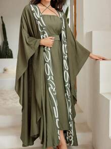 Al Najma 纯色腰部收紧休闲连衣裙，搭配拼布印花前开襟夹克 2 件套 - 軍綠色 - 查看 1