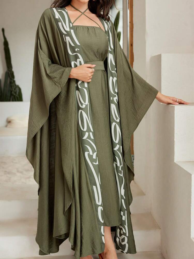 Solid Color Waist Cinched Casual Dress With Patchwork Print Front Open Jacket 2 Pieces Set