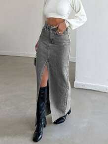 EURMUSE Kvinnors Framtill Slits Lång Denim Kjolar - Grå - Visa 5