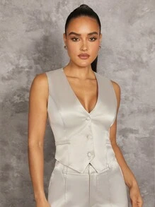 Silquee Màu Quả mơ Xa ten Cổ chữ V sâu Gợi cảm Co giãn Của phụ nữ Áo vest - Màu be - Xem 6