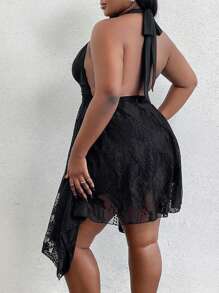 Maweii Plus Size Solid Color Splice Lace V-Neck Halter Neck Dress - Black - View 2