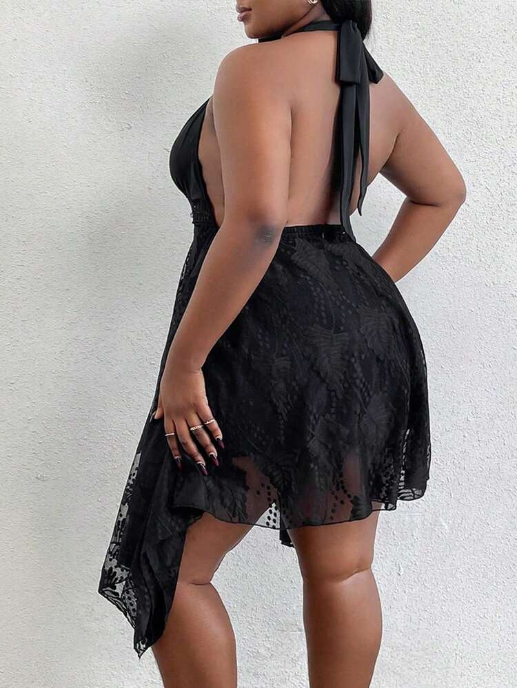 Plus Size Solid Color Splice Lace V-Neck Halter Neck Dress