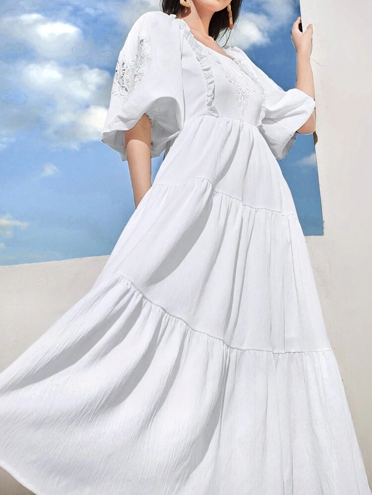 Women's Lace Patchwork Puff Sleeve Dress