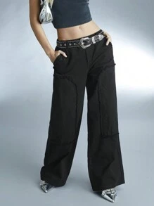 Forever 21 Women's Solid Color Raw Edge Straight Trousers - Black - View 3