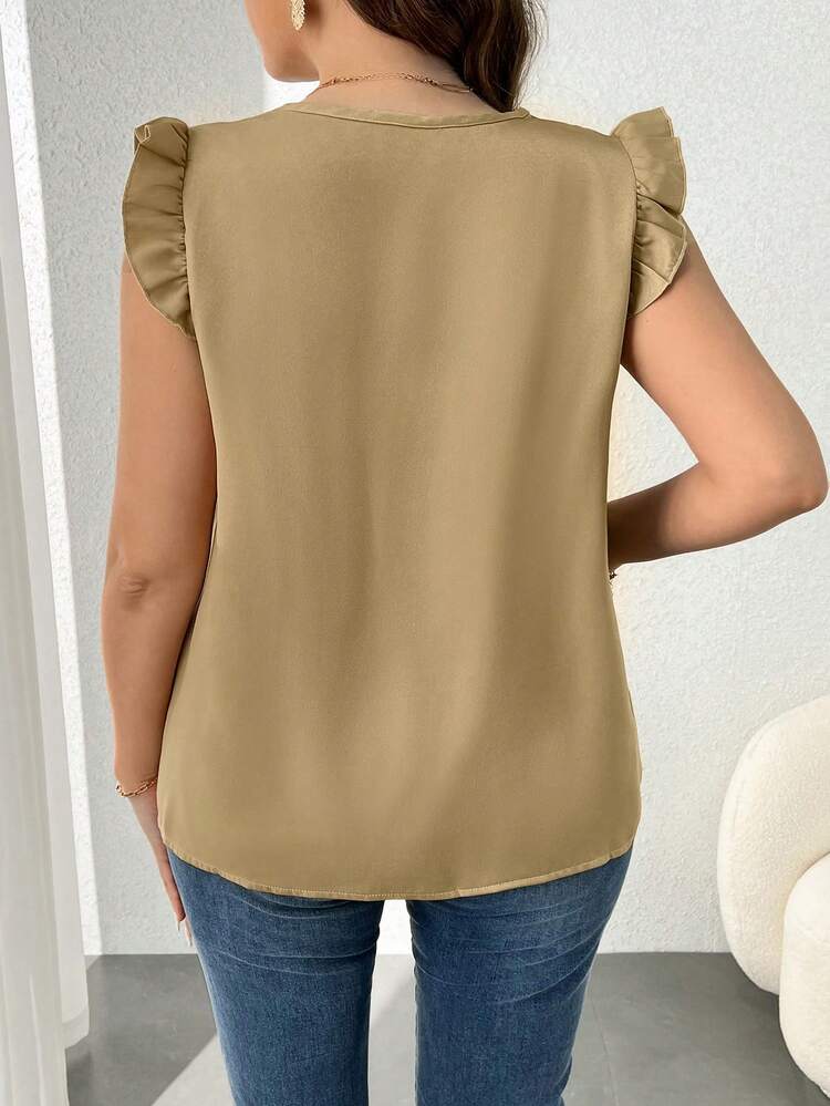 Plus Size Solid Color Lace Splice Flutter Sleeve Blouse