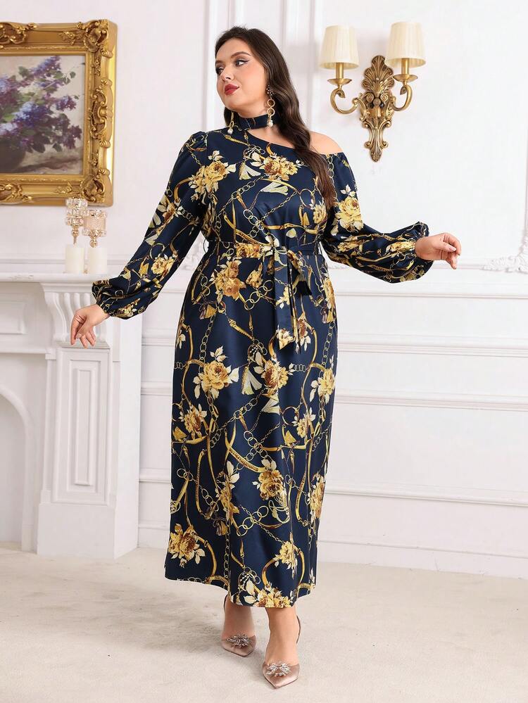 Plus Size Floral Printed Asymmetrical Collar Lantern Sleeve Dress Long Evening Dresses