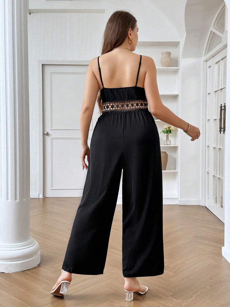 Plus Size Women's Cami Hollow Out Lace Jumpsuit